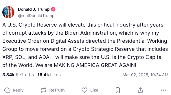 Donald Trump's Names XRP, Sol, Ada, BTC and ETH as part of the Crypto | Currency News Financial and commercial news