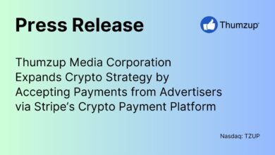 Thumzup Media Corporation extends crippto strategy by accepting payments from advertisers via Stripe's CRIPTO Platform Plate